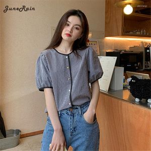 Camicette da donna JuneRain 2023 Estate elegante plaid da donna stile coreano Kawaii camicie blu a maniche corte moda casual vacanza O-Collo Top