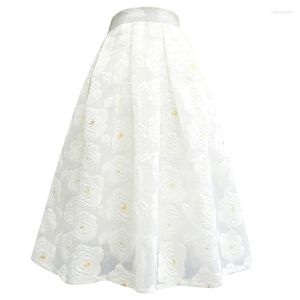 Kjolar sommar vintage elegant koreansk mode fairy sweet vit ros blommig hög midja puffy tyll long midi kjol 3-6xl maxi chubby