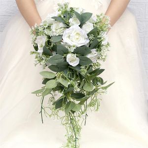 Wedding Flowers Waterfall Bouquet Green White Artificial Roese Bridal Holding Vintage Village Drop Type Bride Home Decor
