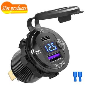 Ny 48W 12V/24V Snabbladdning Aluminium Typ C PD QC3.0 USB -laddningsuttag med switch LED Voltmeterfor bilmotorcykel