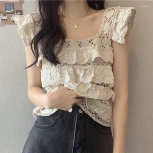 Women's T Shirts Women Crochet Lace Sleeveless Crop Tank Top Retro Square Neck Tiered Layered Ruffles Camisole Hollow Knit Cover Up Vest