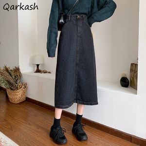 Röcke Röcke Damen Denim Schwarz Midi Retro Koreanisch Modisch Herbst Allgleiches Damen Rock mit hoher Taille Lässig Basic Solides Design mit Rückenschlitz 230308