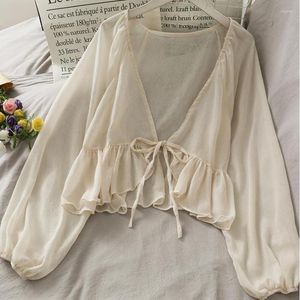 Bluzki damskie 2023 Kimono Cardigan Crop Top Kobiety Ruffle z długim rękawem Elegancka cienka koszula kremowa płaszcz Short Fat Blusa feminina