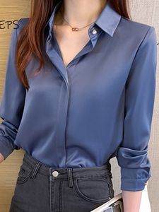 Damenblusen Hemden Langarm Satinblusen für Frauen Anzug Hemden Ladies Büroarbeit tragen Tops blau schwarze graue weibliche Kleidung Femme 230308