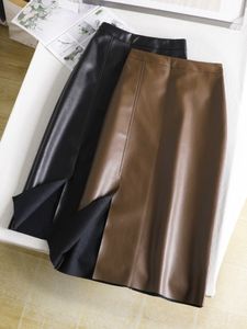 Skirts Fashion Side Split Faux Leather Long Pencil Skirts Coffee Black PU Leather Calf Long Tube Skirts 230308