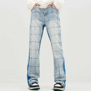 Men's Jeans High Street Patchwork Straight Checkered Jeans Flare Pants for Men and Women Retro Casual Oversized Baggy Plaid Denim Trousers Z0301