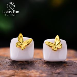 Stud Lotus Fun Real 925 Sterling Srebrna Naturalna ceramika Kreatywna ręcznie robiona biżuteria Piękne kolczyki motyla dla kobiet 230307