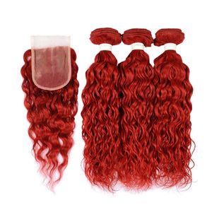 Pure Red Malaysian Wet and Wavy Human Hair Weave Bunds With Stängning Birght Red Water Wave Virgin Hair 3bunds With Lace Closure219p