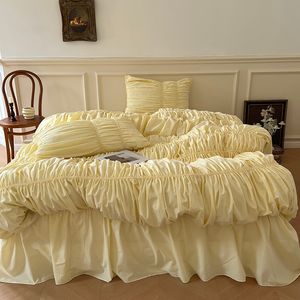 Bedding sets 100% Cotton Yarn Dyed Washed Cotton Korean Style Dubble Pleat Princess Bed Skirt Bedding Set Quilt Cover Bed Linen Pillow Shams 230308