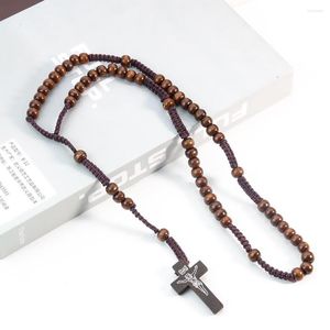 Pendant Necklaces Wood Beaded Jesus Cross Necklace Gifts For Christian Church Religious Orthodox Praying Jewelry Woven Rope Chain