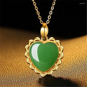 Pendant Necklaces ARADOO Inlaid Chalcedony Heart-shaped Imitation Hetian Jade Jasper Necklace Peach Heart Gold-plated Lace