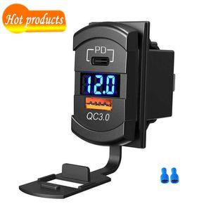 Ny vippstil USB -billaddare Socket Switch Ersättning Dual PD och QC3.0 12V/24V Panelmontering USB -uttag med LED -voltmeter