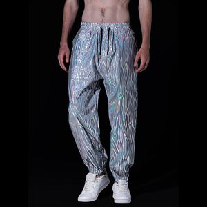 Herrbyxor parklees män geometriska tryck reflekterande svettbyxor natt fluorescerande hiphopdansbyxor harajuku pantalon homme 230307