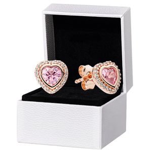 Rose Gold Pink Stone Heart Brincos para Pandora Real Sterling Silver Wedding Jewelry for Women Girlfriend Gift CZ Diamond Designer Brincho