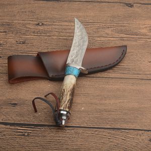 New Arrival G7203 Damscus Fixed Blade Hunting Knife Deer Horn Handle Outdoor Camping Hiking Fishing Hunting Survival Straight Knives with Leather Sheath