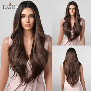 Perucas sintéticas Easihair Longo Long Wavy Hairline Lace Wigs Synthetic Wigs Black to Brown Ombre Natural para mulheres Resistentes ao calor 230227