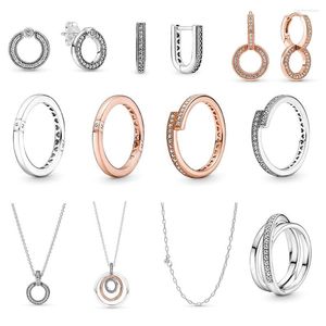 Cluster Rings 2023 High-Quality 925 Sterling Silver Pan Sparkling Overlapping Ring Double Circle Pendant & Necklace Earrings Fit Gift