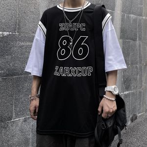 Men's T-skjortor Hip Hop Summer Patchwork Fake Two Pieces Number Print T-shirts All-Match Hit Color Punk Style Clothes High Quality Harajuku