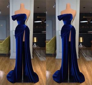 Gorgeous Royal Blue Mermaid Prom Dresses One Shoulder Beaded High Split Velvet Strapless Draped Pleats Sweep Trian Engagement Formal Evening Pageant Party Gowns