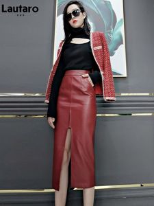 Skirts Lautaro Long Soft Faux leather pencil skirt women with front slit pockets High waisted midi skirts for women wine red skirt 230308