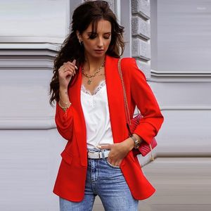 Women's Suits Red Buttonless Commute Slim Blazers Women Fashion Solid Colors Mid Length Suit Spring Autumn Office Lady Blazer Plus Size