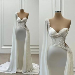 2023 Pearls Mermaid Wedding Dress One Shoulder Long Sleeve Satin Illusion Bridal GownsTiered Pleats vestido de noiva Custom Made E0308