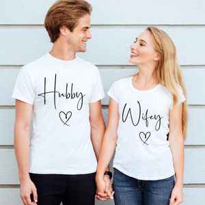 Damen T-Shirts Hubby Wifey Herz Liebe Print Frauen Paar passende Grafik T-Shirt Familie Party Kleidung Liebhaber T-Shirt Honig TOPS