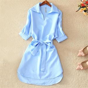 Casual Dresses White Tunic Woman Dress Summer Office Lady Chiffon Shirt For Women Short Sleeve Solid Sashes Fashion Vestidos