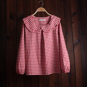 Women's Blouses Shirts Fashion Women Spring Autumn Comfortable Plaid Peter Pan Collar Shirts Female Sweet Ruffled Pleated Shirts Blouses A79 230308