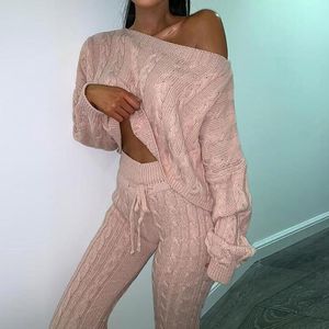 Women's Two Piece Pants Autumn Women Knitted Sweater Sets Sexy Off Shoulder Solid Cropped Top 2PCs Suits Joggers Tracksuit Suit Outfits