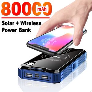 30000mAh Solar Wireless Power Bank Högkapacitet Portabelt externt batteri med LED -ficklampa utomhusresor för iPhone Xiaomi