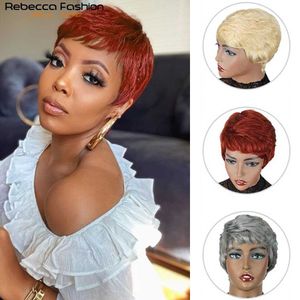 Perruques synthétiques Rebecca Short mignon Pixie Coup Wigs Hair raide Peruvian Remy Human For Women Full Black Red Grey Dhl Expédition rapide 230227