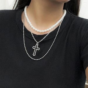 Choker Multi Layers Women Men Cool Cross Pendant Necklaces Gift Trendy Neck Jewelry Goth Pearl Beads Necklace