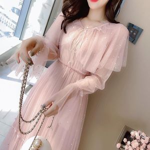 Casual Kleider Elegante Rosa Pailletten Kleid Midi Mesh Frauen Langarm Fee 2023 Frühling Koreanische Hochzeit Party Kleidung Damen Y2k