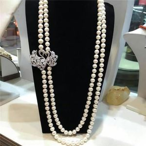 Łańcuchy ręcznie wiązane 75-80 cm 7-8 mm biały naturalny słodkowodna perła mikro inkrubandarna cyrkon długi łańcuch