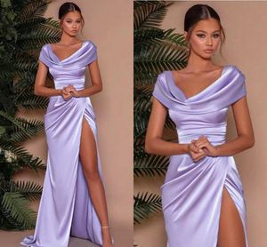 Plus Size Lavender Mermaid Bridesmaid Dresses Long Bateau Neck Satin Ruffles High Side Split Draped Pleats Wedding Guest Maid Of Honor Dress Formal Gowns