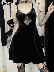 Casual Dresses Insdoit Gothic Cut Out Black Summer Dress Women Streetwear Sleeveless Velvet Backless Sexy Elegant Party Club Mini