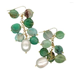 Dangle Earrings YYGEM Natural Green Chrysoprase Freeform Cultured White Rice Pearl Hook