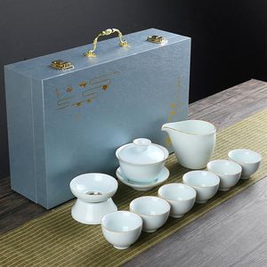 Business Gift Celadon Travel Bag Ceramic Tea Set med en kruka på sex koppar och Tray250U