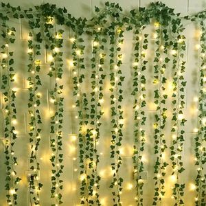 Decorative Flowers 2.3m Silk Leaves Fake Creeper Green Leaf Ivy Vine 2m LED String Lights For Home Wedding Party Hanging Garland Artificial