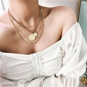 Pendanthalsband Boho Fashion Round paljetthuvudmynthalsband för kvinnor Kvinna Multilevel Geometric Gold Color Chain Jewelry Gift