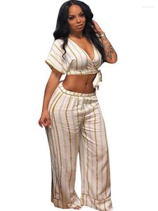 Etniska kläder 2 -stycken Set African Clothes Women Lace Up Crop Tops Wide Ben Pants Passar Summer Fashion Randig Print Sexig Casual Outfits