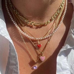 Chains Ins Fashion Pink Heart Pendant Pearl Beaded Necklace For Women Multi-layer Love Enamel Choker Y2K Jewelry Gift