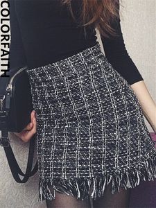 Spódnice Colorfaith Vintage Plaid Tassel Koreańska moda Tweed łyżwiarka seksowna szachownica wiosna lato kobiet wełniana mini spódnica sk5583 230308