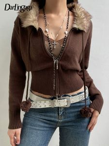 Mulheres Malhas Tees Darlingaga Y2K Estética Fluffy Fur Trim Collar Mulheres Suéteres Jaqueta Furry 90s Vintage Zipper Casaco Tricô Cardigans Malhas 230308