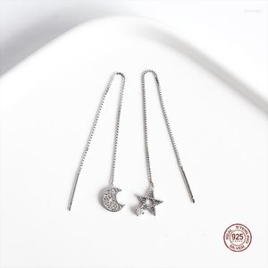 Dingle örhängen lko real 925 sterling silver stjärnor mån tasslar linje för söta tjej smycken kvinnor öron studs