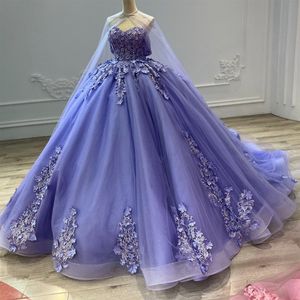 Lila quinceanera klänningar lyxiga kristall 3D -blommapplikationer med Cape Princess Birthday Party Vestidos de 15 Anos Corset