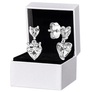 Çift Kalp Köpüklü Saplama Küpe Pandora için Gerçek Gümüş Düğün Takı Kadınlar Için Kız Arkadaşı Hediye Orijinal Kutusu ile CZ Elmas tasarımcı Küpe