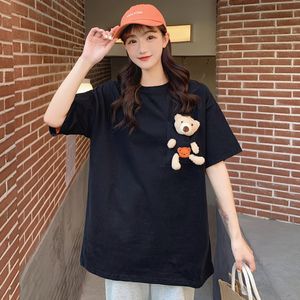 Frauen T Shirt Sommer Frauen Harajuku Nette Echte Spielzeug Bär In Tasche T shirt Straße Übergroßen Lose Kurzarm T top Kawaii Tops 2XL 230307