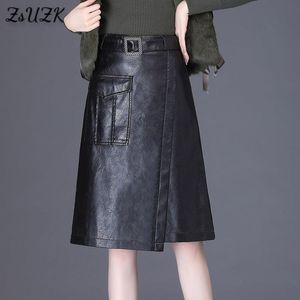 Skirts Women PU Leather A-Line Skirt Autumn Winter High Waisted Office Lady Elegant Casual Knee-length Bodycon Asymmetrical Skirts 230308